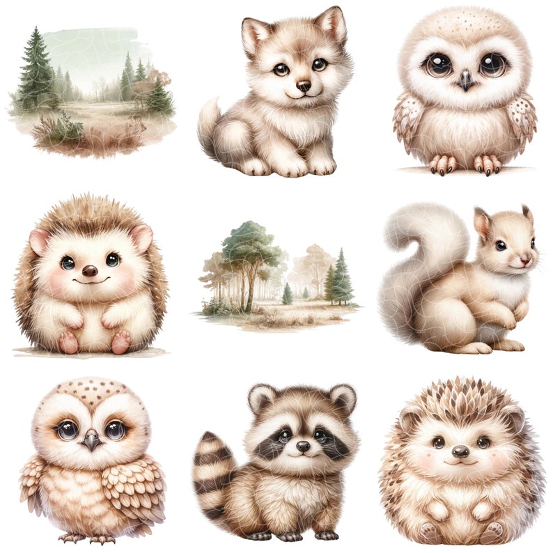 May include: A set of nine watercolor illustrations featuring various woodland animals, including a wolf, owl, squirrel, raccoon, and hedgehogs. The illustrations are set against a white background and feature a variety of colors and textures.
