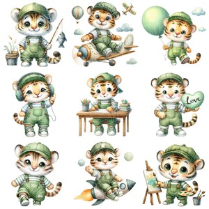 May include: Nine illustrations of cute cartoon tiger cubs wearing green overalls and caps. Each tiger is doing a different activity, including fishing, flying a plane, holding a balloon, drawing, holding a heart, riding a rocket, and painting.