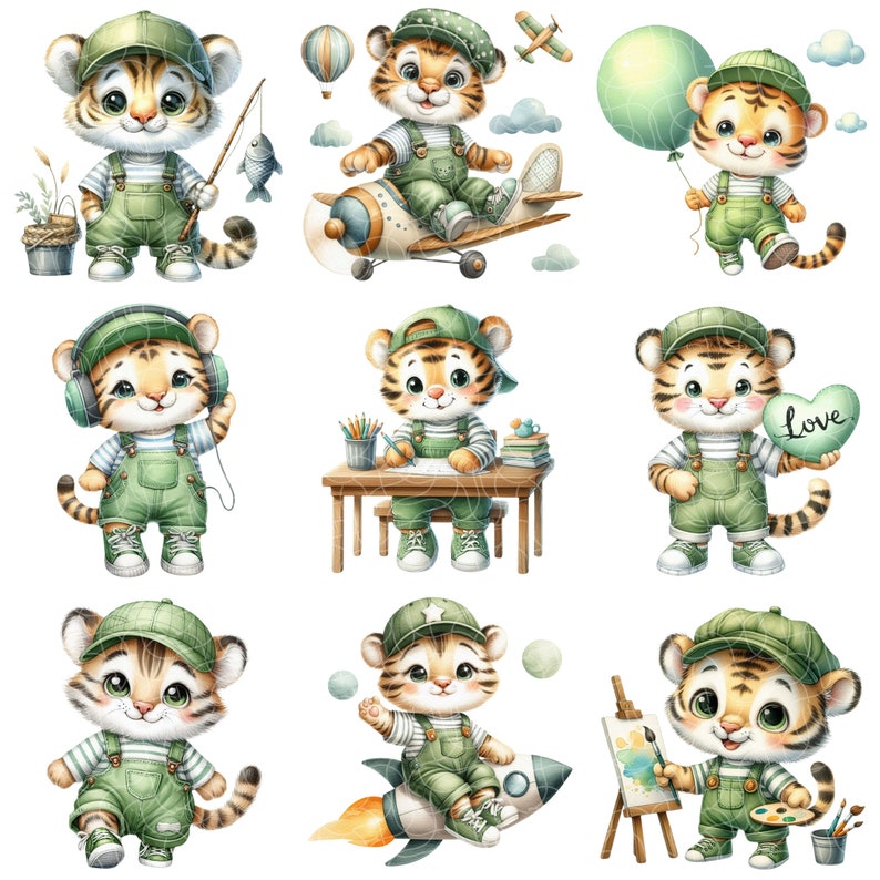 May include: Nine illustrations of cute cartoon tiger cubs wearing green overalls and caps. Each tiger is doing a different activity, including fishing, flying a plane, holding a balloon, drawing, holding a heart, riding a rocket, and painting.