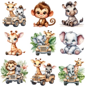 以下が含まれることがあります： キリン、シマウマ、サル、ゾウ、ライオンなど、かわいい漫画の動物のデジタルイラストが9点。それぞれの動物は、風変わりな設定で描かれており、ジープを運転したり、別の動物と一緒にジープに乗ったりしています。イラストは水彩画風で、明るい色を使用しています。