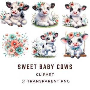 May include: A set of six digital clipart images featuring adorable cartoon baby cows with floral headbands. The cows are white with black spots and have big, blue eyes. The flowers are pink, blue, and white. The images are perfect for adding a touch of whimsy to your projects.