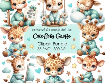 Whimsical Giraffe Clipart Set for Baby Shower - Mint Green Nursery Decor - DIY Scrapbooking and Craft Supplies