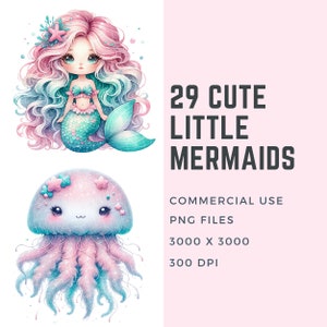 以下が含まれることがあります： かわいい小さな人魚のデジタルイラスト29点セット。イラストはカートゥーンスタイルで、ピンク、ブルー、グリーンの髪と尻尾を持つ人魚が描かれています。人魚は星やその他の海のモチーフに囲まれています。イラストは、デジタルスクラップブッキング、カード作り、その他のクリエイティブなプロジェクトに最適です。