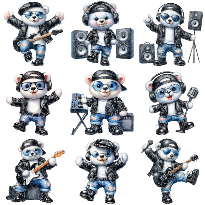 Whimsical Polar Bear Music Clipart - Guitar, Drums - Instant Download ...