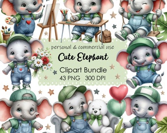 Cute Elephant Clipart, Animals Clipart, Elephant 43 PNG, Kids Clipart, Nursery Clipart, Birthday Clipart, Digital Download