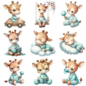 Pu&ograve; includere: Nove illustrazioni di adorabili cuccioli di giraffa in varie pose. Le giraffe indossano pigiami blu con pois bianchi e tengono in mano vari oggetti, come un libro, un sonaglio e un ciuccio. Le illustrazioni sono realizzate in stile cartone animato e sono perfette per libri per bambini o altri progetti.
