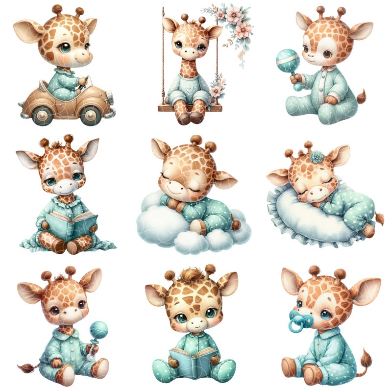 Pu&ograve; includere: Nove illustrazioni di adorabili cuccioli di giraffa in varie pose. Le giraffe indossano pigiami blu con pois bianchi e tengono in mano vari oggetti, come un libro, un sonaglio e un ciuccio. Le illustrazioni sono realizzate in stile cartone animato e sono perfette per libri per bambini o altri progetti.