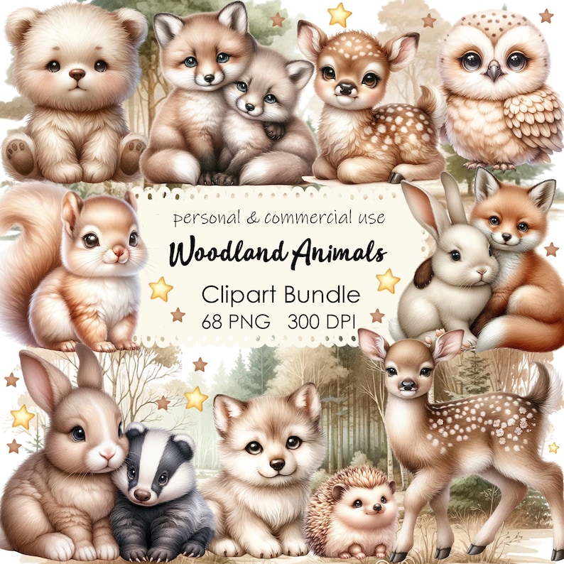May include: A digital clipart bundle of woodland animals, including a bear, fox, deer, owl, squirrel, rabbit, wolf, badger, hedgehog, and more. The images are in a cartoon style and are perfect for use in crafts, scrapbooking, and other creative projects.  Personal & commercial use. Clipart Bundle 68 PNG 300 DPI.