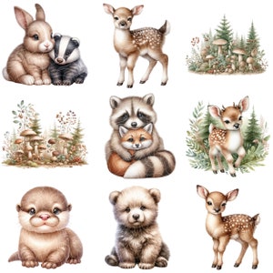 May include: A digital illustration of nine cute woodland animals. The animals include a rabbit, a badger, a deer, a raccoon, a fox, an otter, a bear, and two more deer. The animals are all in a cartoon style and are set against a white background.