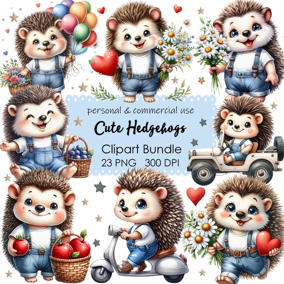 Cute Hedgehogs Clipart, Hedgehog Clipart Bundle, Hedgehog PNG, Cute Animal Clipart, Cute Animals, Transparent Background, Digital Download