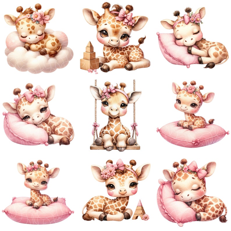 May include: Nine watercolor illustrations of cute baby giraffes with pink bows and flowers. Each giraffe is in a different pose, some are sleeping, some are playing, and some are sitting. The illustrations are perfect for a nursery or children's room.
