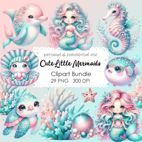 Cute Little Mermaids Clipart, Watercolor Mermaids Clipart, Mermaid PNG, Pastel Mermaids, Transparent Background, Instant Digital Download