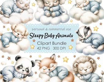 Adorable Baby Clipart Set: Watercolor Baby Animals in Sleepy Poses - 42 PNG Files