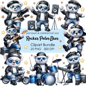 Clipart musique lunatique ours polaire - guitare, batterie - téléchargement immédiat PNG pour chambre de bébé et anniversaire