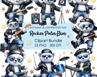 Whimsical Polar Bear Music Clipart - Guitar, Drums - Instant Download PNG for Nursery & Birthday