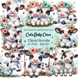 Colección de imágenes prediseñadas de lindas vacas bebés en acuarela: descarga instantánea de archivos PNG
