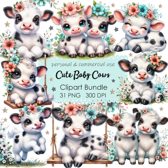 Cute Watercolor Baby Cows Clipart Collection - Instant Download PNG Files