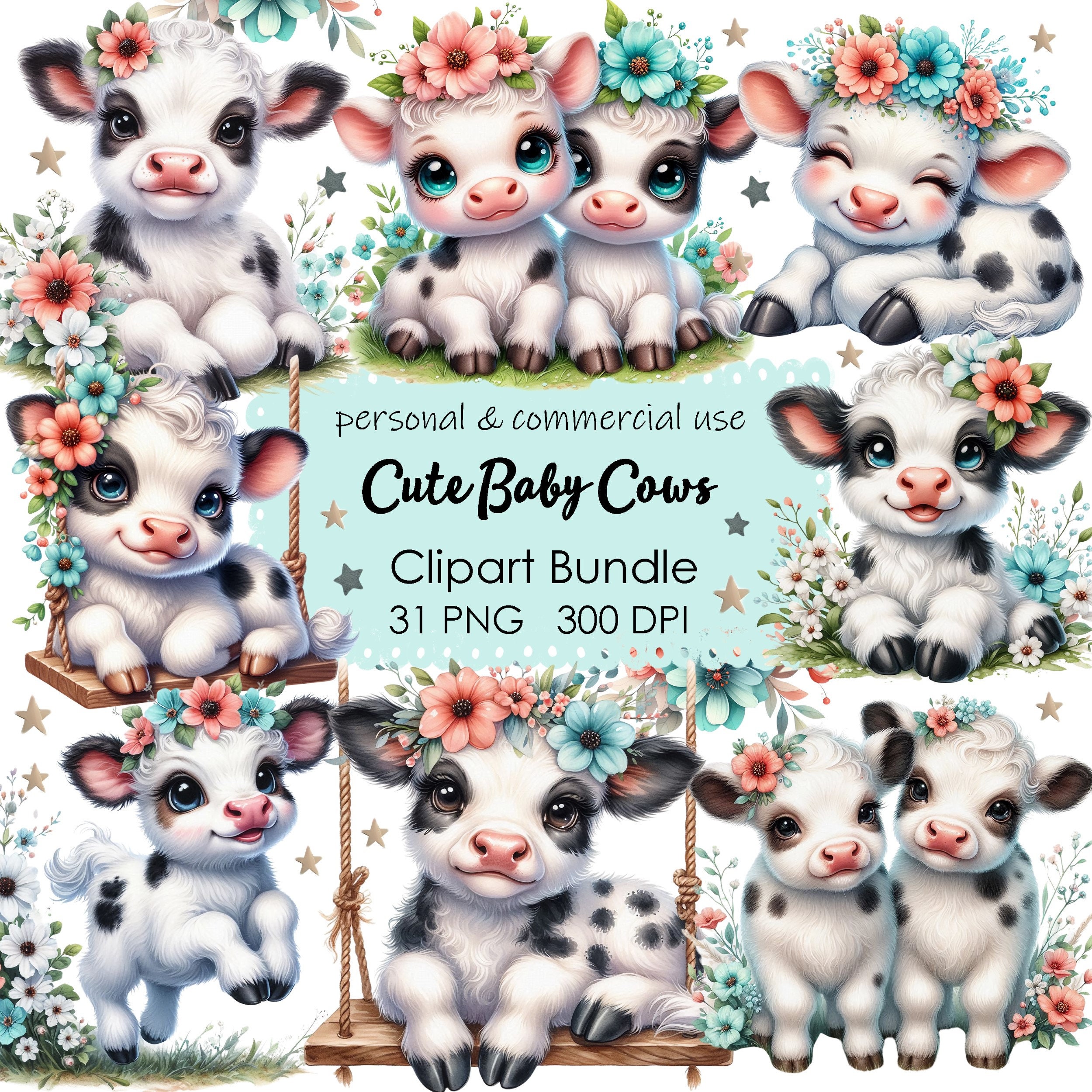 Cute Watercolor Baby Cows Clipart Collection - Instant Download PNG ...