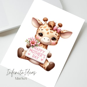 May include: A cute cartoon giraffe with a pink bow holding a sign that says "Happy Mother's Day". The giraffe is holding a bouquet of pink flowers.