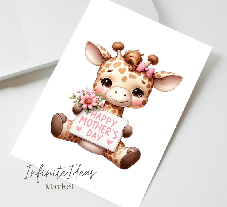 May include: A cute cartoon giraffe with a pink bow holding a sign that says "Happy Mother's Day". The giraffe is holding a bouquet of pink flowers.