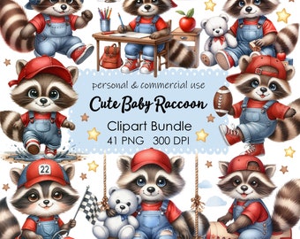 Baby Raccoon Clipart Bundle, Nursery PNG Graphics (Digital Download)