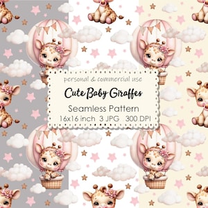 Puede incluir: Un patrón sin costuras con lindas jirafas bebés en globos aerostáticos con detalles en rosa y marrón. El fondo es de color gris claro, blanco y crema con estrellas rosas y marrones. El texto "Cute Baby Giraffes" está en una pancarta blanca con borde rosa.