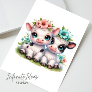 May include: Two adorable cartoon calves with black and white spots, wearing flower crowns. The calf on the left has a pink flower crown and the calf on the right has a blue flower crown. Both calves have big, blue eyes and are sitting on a bed of green grass.