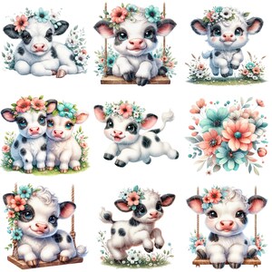 May include: Nine digital illustrations of cute black and white cows with floral crowns. The cows are in various poses, including sitting, standing, and swinging on a swing. The flowers are in shades of pink, blue, and white.