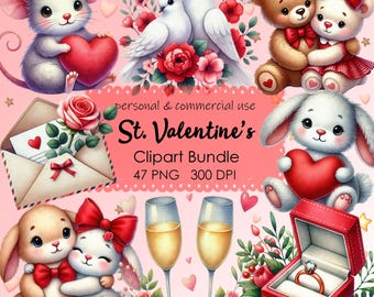 St. Valentine's Day Bundle PNG Clipart - Lovers day, Couples, Cute Animals, Hearts, Bears, Digital Download, for Gifts, Cards, Cups, Shirts