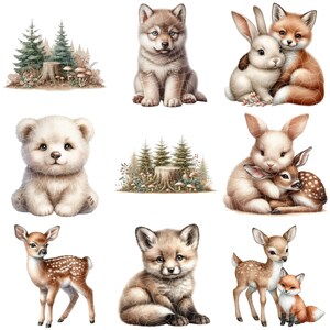 May include: A digital illustration of a collection of cute animal friends. The animals include a wolf, a fox, a bear, a rabbit, a deer, and a fawn. The animals are all depicted in a cartoon style with large eyes and soft features. The background is a simple white background.