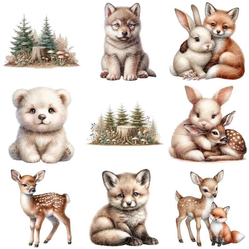 May include: A digital illustration of a collection of cute animal friends. The animals include a wolf, a fox, a bear, a rabbit, a deer, and a fawn. The animals are all depicted in a cartoon style with large eyes and soft features. The background is a simple white background.