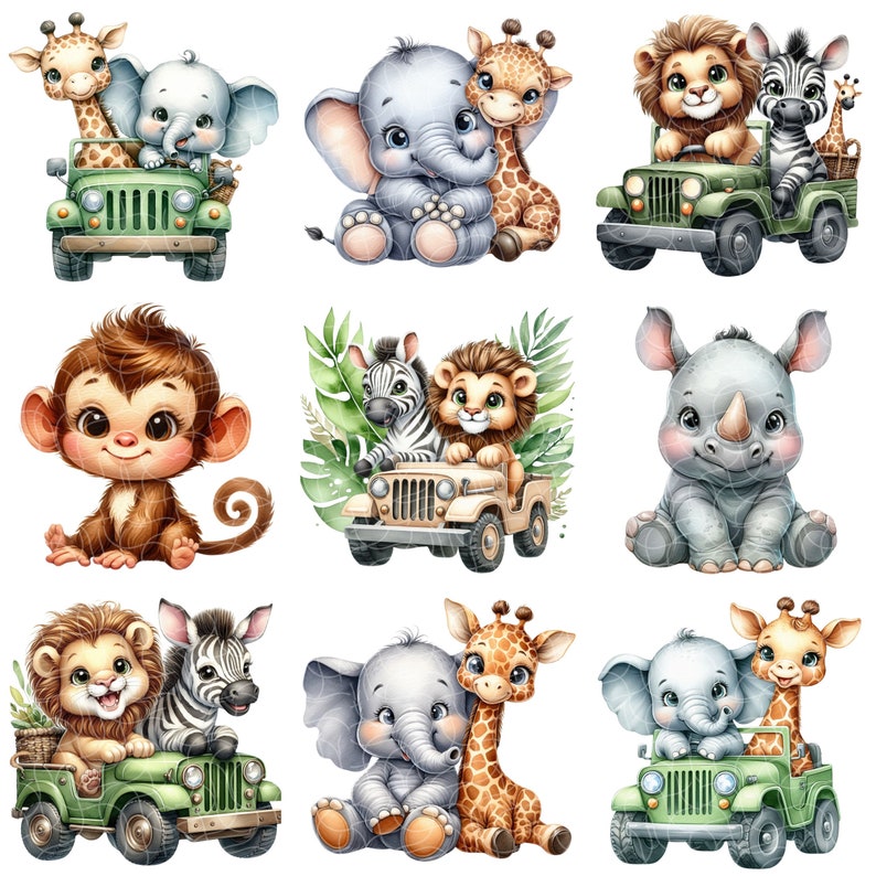 Puede incluir: Nueve ilustraciones de acuarela de animales lindos conduciendo jeeps. Los animales incluyen una jirafa, un elefante, un le&oacute;n, una cebra, un mono, un rinoceronte y algunas combinaciones de estos animales. Los jeeps son verdes y tienen un fondo blanco.