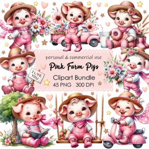 Conjunto de imágenes prediseñadas de acuarela de animales de granja - 45 imágenes PNG de cerdo rosa para hacer tarjetas