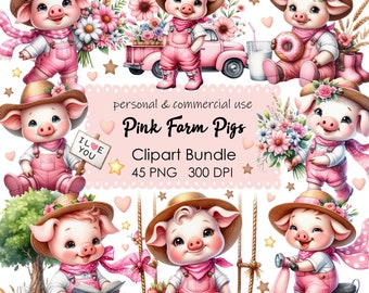 Farm Animal Watercolor Clipart Set - 45 Pink Pig PNG Images for Card Making