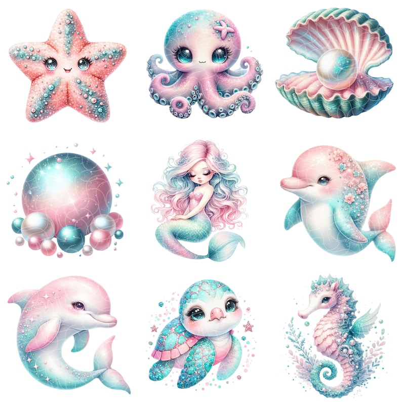 以下が含まれることがあります： かわいい海の生き物を描いたデジタルイラスト9点セット。イラストには、ヒトデ、タコ、人魚、イルカ、カメ、タツノオトシゴ、貝殻の中の真珠が含まれています。イラストは、明るい色とキラキラしたアクセントで、漫画風になっています。