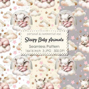 Schläfrige Baby-Tiere | Nahtlose Muster | Sofortdownload | Digital bedruckbares Papier | Sich wiederholendes Muster | Druck auf Stoff