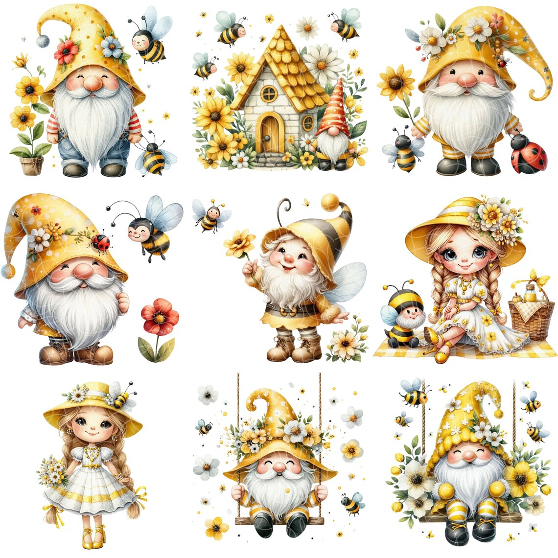 Watercolor Flower Bee Gnome Clipart Bundle: Spring Garden PNG (digital ...