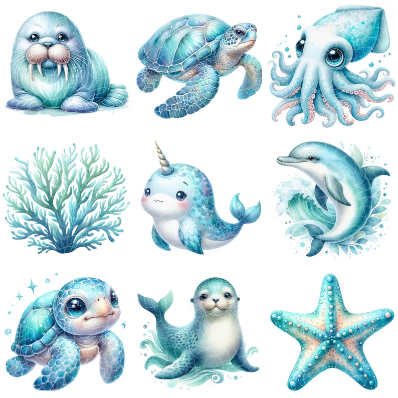 Under the Sea Clipart Bundle Cute Watercolor Ocean Animals PNG Instant ...