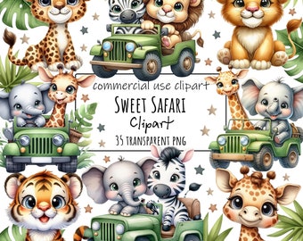 Watercolor Sweet Safari Clipart, Safari Clipart, Jungle Animals Png, Lion, Zebra, Elephant Safari PNG, Nursery Clipart, Birthday Clipart