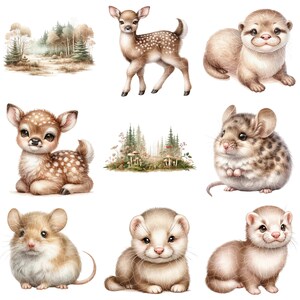 May include: A digital illustration of a collection of cute woodland animals. The animals include a fawn, a mouse, a ferret, and an otter. The animals are all depicted in a cartoon style with large eyes and soft features.