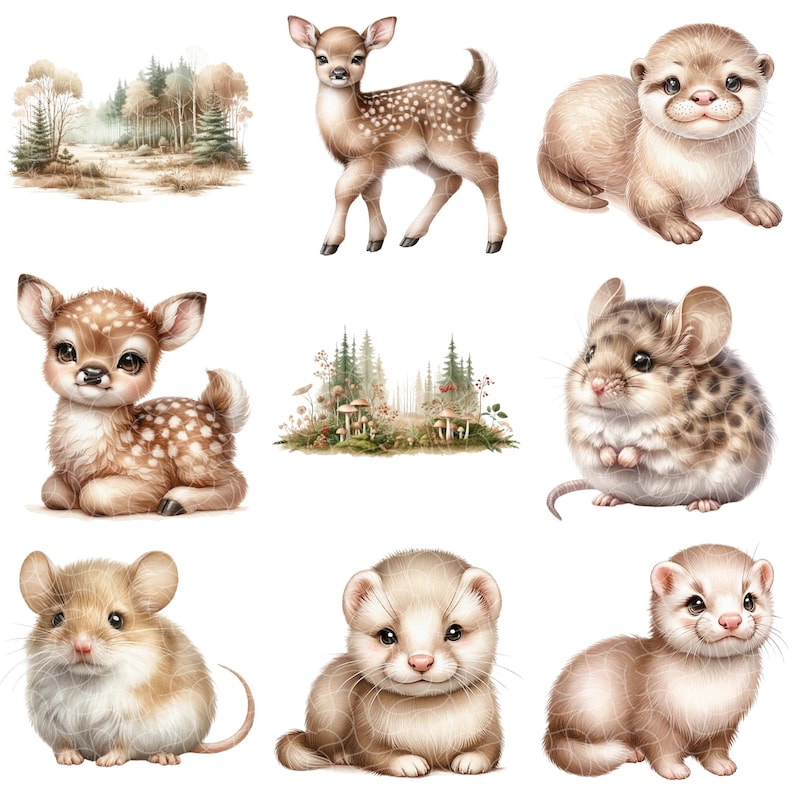 May include: A digital illustration of a collection of cute woodland animals. The animals include a fawn, a mouse, a ferret, and an otter. The animals are all depicted in a cartoon style with large eyes and soft features.