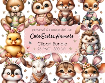 Easter Animals Watercolor Clipart Bundle, Nursery PNG (Digital Download)