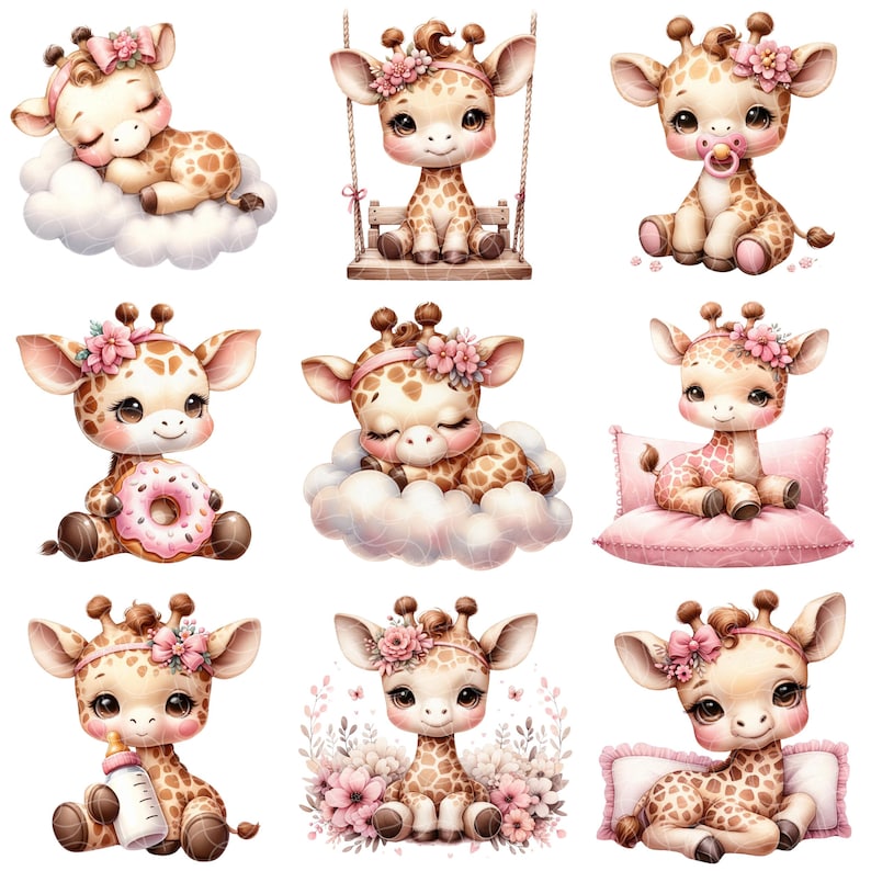 May include: Nine illustrations of cute cartoon giraffes with pink bows and flowers. The giraffes are in various poses, including sleeping, sitting, and holding a donut. The illustrations are on a white background.
