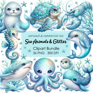 Entzückende Glitzer Meerestiere Clipart Pack - Süße Unterwasserwelt - Instant Download PNG