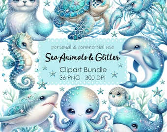 Adorable Glitter Sea Animals Clipart Pack - Cute Underwater Creatures - Instant Download PNG
