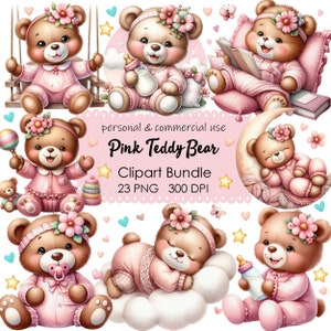 Bundle de cliparts adorable ours en peluche rose aquarelle - 23 cliparts mignon bébé ours PNG, usage commercial