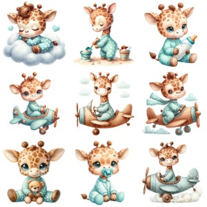 Pu&ograve; includere: Nove illustrazioni di adorabili cuccioli di giraffa in varie attivit&agrave;. Le giraffe indossano un pigiama blu con pois bianchi e hanno macchie marroni. Stanno giocando nella sabbia, volando aerei, dormendo su una nuvola e tenendo un orsacchiotto.