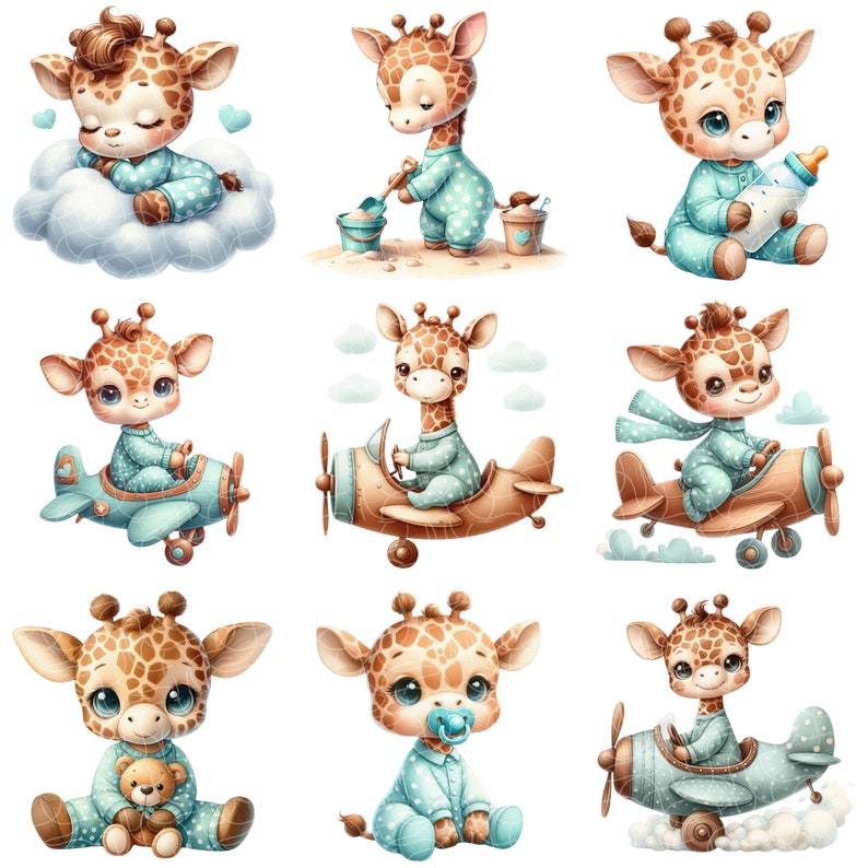 Pu&ograve; includere: Nove illustrazioni di adorabili cuccioli di giraffa in varie attivit&agrave;. Le giraffe indossano un pigiama blu con pois bianchi e hanno macchie marroni. Stanno giocando nella sabbia, volando aerei, dormendo su una nuvola e tenendo un orsacchiotto.