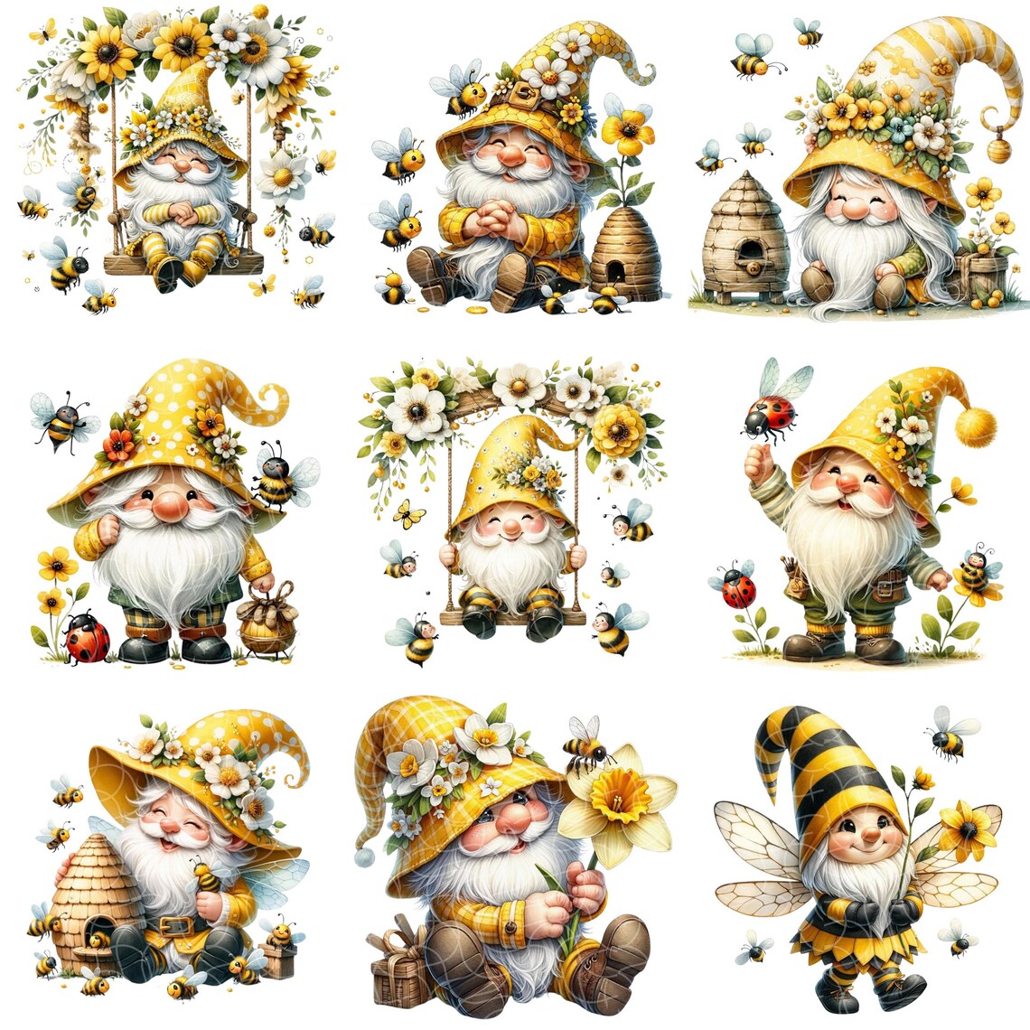 Watercolor Flower Bee Gnome Clipart Bundle: Spring Garden PNG (digital ...