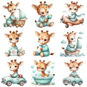 Pu&ograve; includere: Nove illustrazioni di adorabili cuccioli di giraffa in varie attivit&agrave;. Le giraffe indossano pigiami blu con pois bianchi. Stanno giocando con i giocattoli, guidando un'auto, facendo il bagno e navigando in barca. Le illustrazioni sono realizzate in stile acquerello.